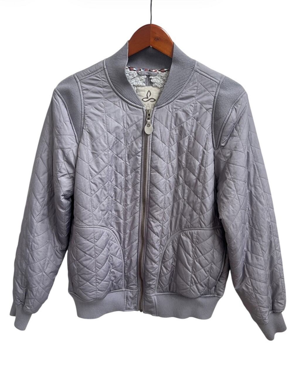 Prana Diva Bomber Jacket Sz L Quilted Sherpa Lined Outdoor Hiking Purple Gray